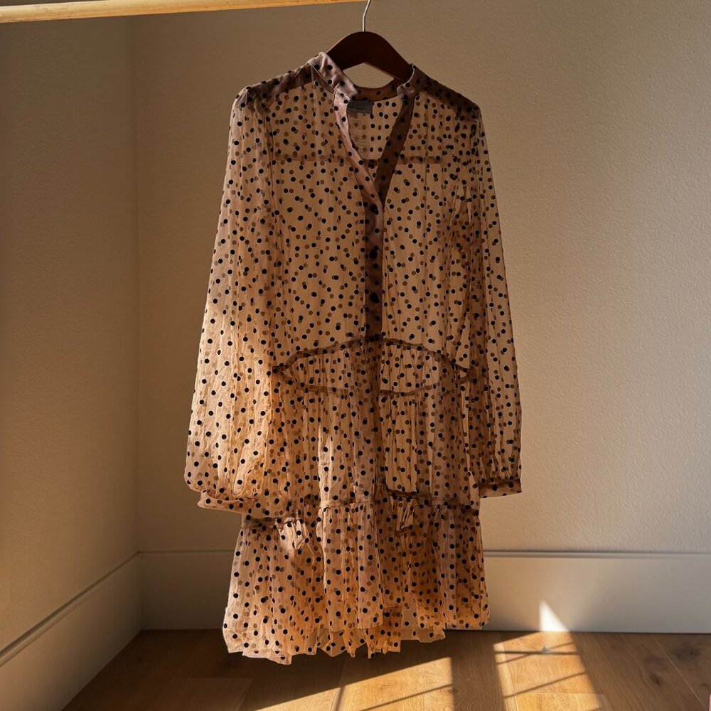BSB Gold Label Sheer Polka Dot Dress Size 40 – Tiered, Tan & Black, Trendsetter!